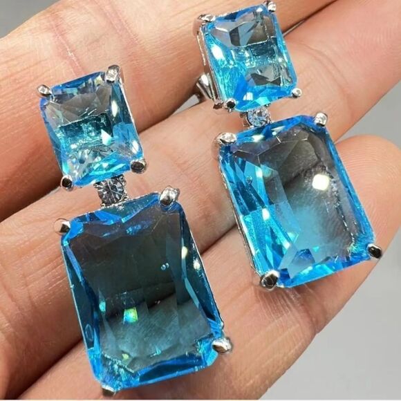 Silver Earrings Aqua Topaz Blue 1" Drop Dangle Pierced Stud Post Jewelry - Picture 1 of 3